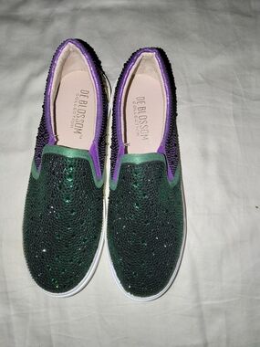 De Blossom Collection Green & Purple Sequin Slip-On Mules